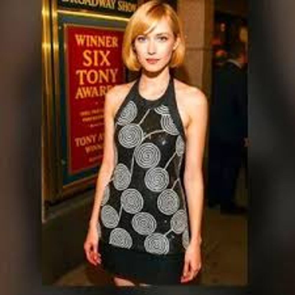Vintage Y2K Cache Sequin Spiral Halter Mini Party Dress Black White Ruched Sz 4